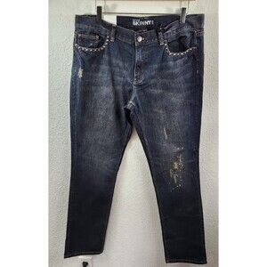 New York & Company Jeans Skinny Low Rise Dark Wash Distressed Studs Size 14 NWT